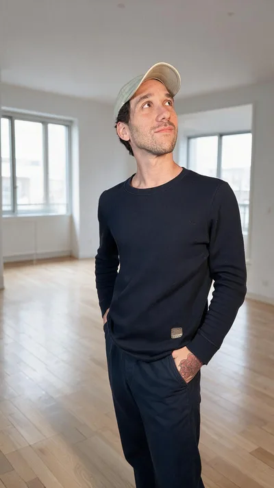 La retouche : la même pose dans un appartement vide et lumineux, pull fin et pantalon droit