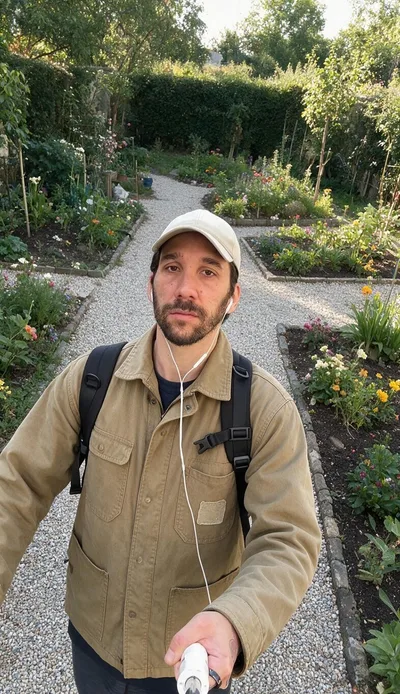 La retouche : le même selfie dans un jardin fleuri, veste de travail kaki